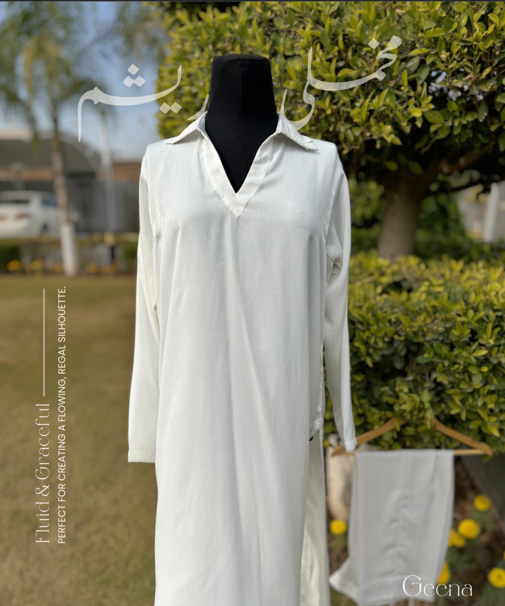 Velvet Silk: White - Kurta & Pants